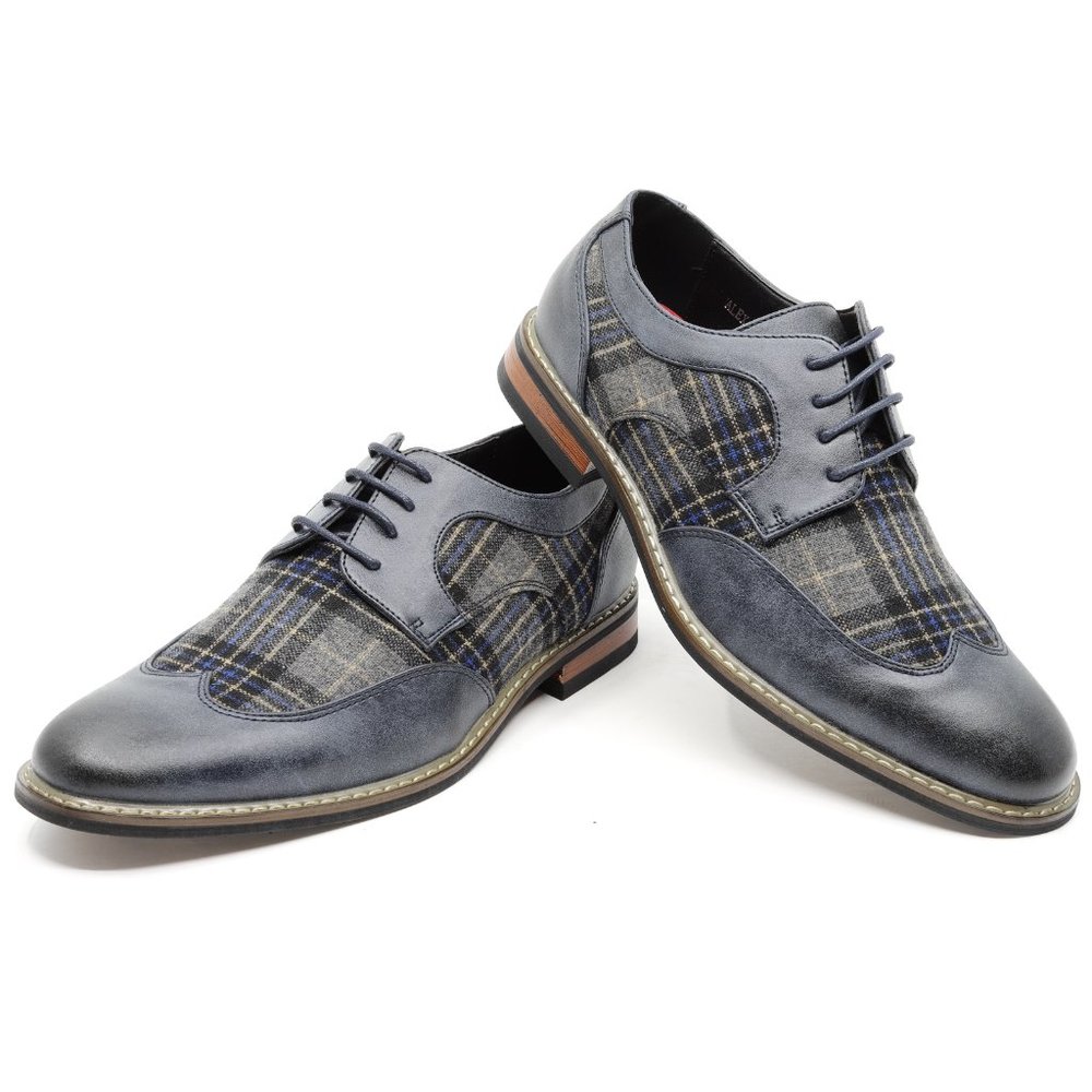 Navy Blue / Gray Men's Plaid Lace Up Wing Tip Classic Oxford Dress Shoes